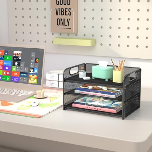samstar 2 Pack 3 Tier Letter Tray Paper Organizer with Handle, Mesh Desk Organizer Paper Sorter File Rack Shelves, Black - color: Black 3 Tier Pack of 2