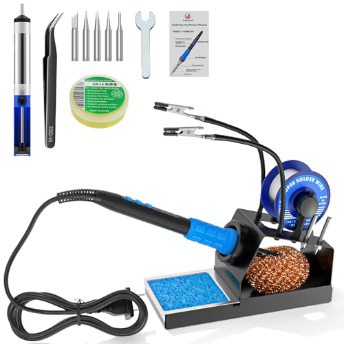 Soldering Iron Kit, 100W High Power LCD Soldering Iron, 2 Helping Hands Soldering, Flux, Iron Tips, Tin Wires, Solder Sucker, Tweezers. °C/℉ Conversion, Auto Sleep，Temperature Calibration - color: Blue (11-in-1 Soldering Iron Kit)