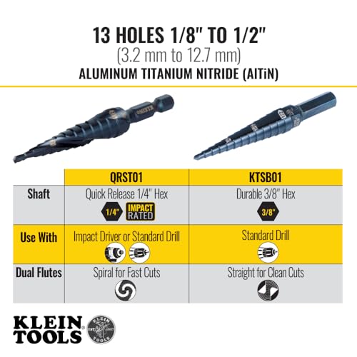 Klein Tools QRST01 Step Drill Bit, Quick Release Spiral Double-Fluted, 1/8 to 1/2-Inch, Hex Shank, Cut Steel, Wood, Plastic, Aluminum - size: 1/8 to 1/2-Inch, style: Quick Release