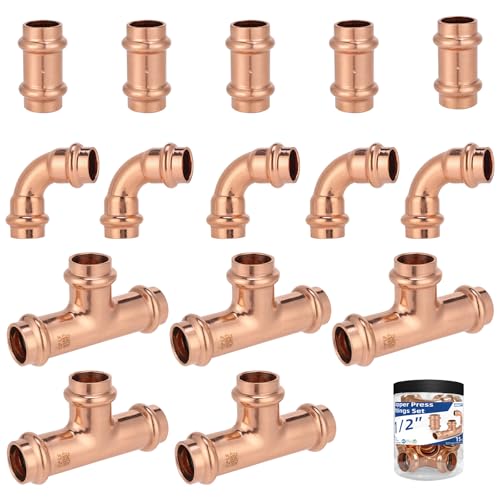 (15-Pack YVSKM) 1/2" Press Fittings Assortment Kit – 5 Tee + 5 Coupling + 5 Elbow with Stop, Zero Lead, Fits 1/2 Inch Pipe Systems for Water Lines, Heating Loops, Repair & Upgrade Projects - style: 1/2 Inch 15-Pack