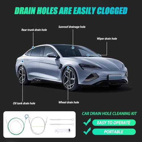 6pcs Sunroof Drain Cleaning Tool, 118in Flexible Long Pipe with Round Handle, 2 Cleaning Brushes, Syringe, Hose & Long Wire Brush for Auto Car Sunroof Drain Cleaner, Gutter Tools