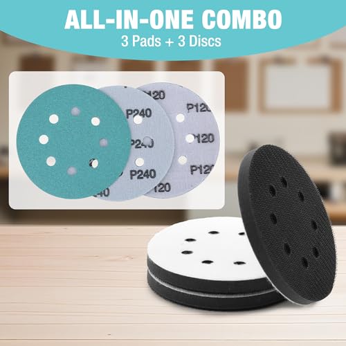 WORKPRO 5 Inch Orbital Sander Interface Pads and Sanding Discs | 3 Foam Buffer Pads & 3 Grit Sandpaper (80/120/240), 8-Hole Hook-and-Loop Soft Cushion Sponge Backing for Contours, Finishing. - style: 3 Pads + 3 Sandpapers