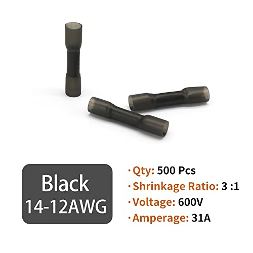 Heat Shrink Butt Connectors, 14-12 AWG Marine Grade Insulated Crimp Wire Connectors, Waterproof Electrical Connectors Butt Splice for Boat Truck Wiring - size: 14-12 AWG (Black)