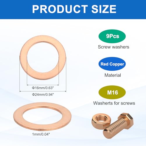 MECCANIXITY 9Pcs Flat Washer, M16 Copper Washers Copper Sealing Ring Crush Washer Kit Assortment, 16mm ID, 24mm OD, 1mm Thick for Bolts Screws Machinery Repair - size: 16mmx24mmx1mm