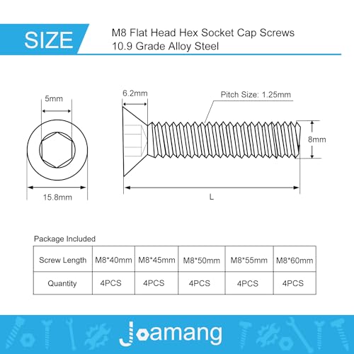 M8 x 40mm 45mm 50mm 55mm 60mm Flat Head Hex Socket Cap Screws Countersunk Bolts, 10.9 Grade Alloy Steel, Black Oxide Finish, Metric Allen Drive, Fully Threaded, Assortment Kit 20Pcs - size: M8 x 40/45/50/55/60 mm