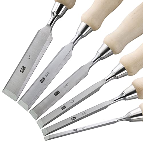 6 Piece Bevel Edge Wood Chisel Set 1/4 inch(6mm), 3/8 inch(10mm), 1/2 inch(12mm), 5/8 inch(16mm), 3/4 inch(20mm), 1 Inch(26mm) with Hornbeam Handles and Stainless Steel Ferrules - size: 6 Piece Bevel Chisel