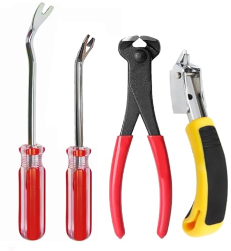 4Pcs Upholstery Staple Remover Tool Set Nail Puller, Staple Puller Set Including End Cutting Plier, Tack Pullers, Carpet Remover, Removing Staples from Construction Furniture Floor Wall Wooden