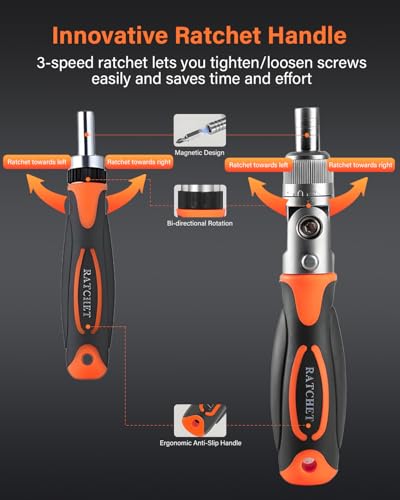 Ratcheting Screwdriver Set, 68 in 1 Socket Set & Magnetic Screwdriver Bit Set with Rotatable Ratchet Handles, Extensions Bar and Storage Case for Phone, Computer, Bike, Car, Electronics Maintenance - color: Orange