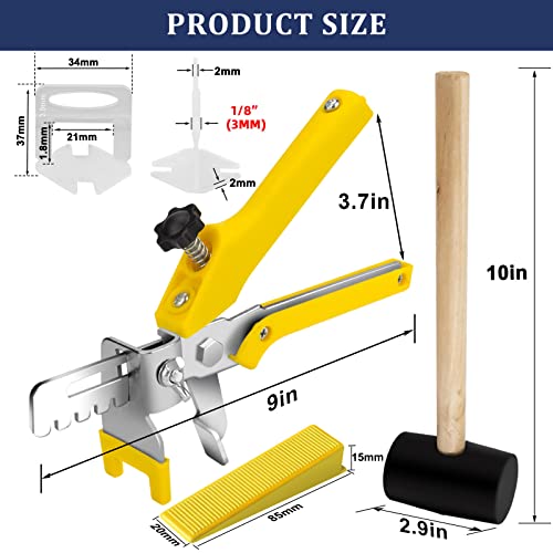 Tile Leveling System with Tile Plier and Rubber Mallet Tile Leveler Tool | 1000 Piece Tile Spacers Clips and 200 Piece Reusable Wedges Kits for Tile and Stone Installation (1/8 Inch) - size: 1/8