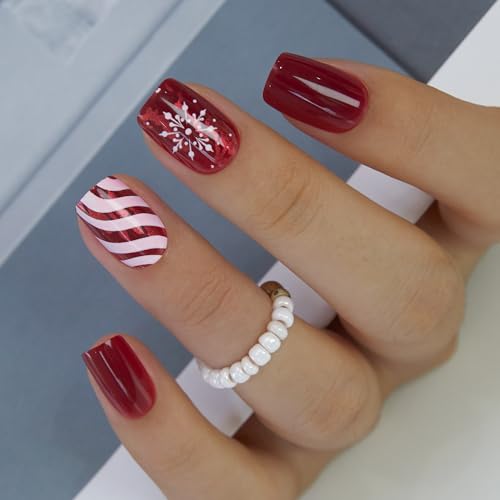 CurvLife Medium Square Christmas Press On Nails, Holiday Frost Red - color: Holiday Frost