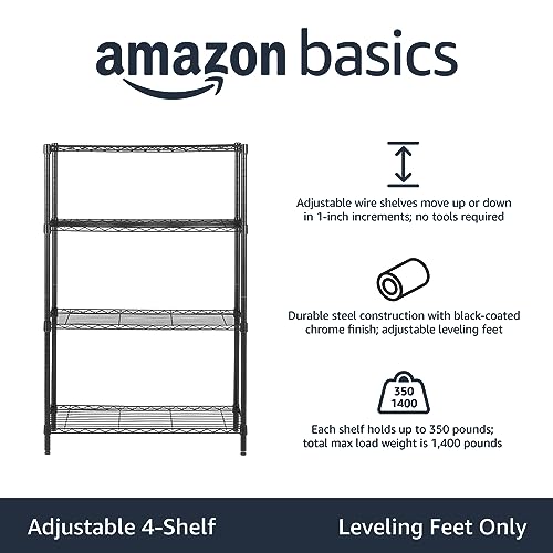 Amazon Basics 4-Shelf Adjustable Heavy Duty Steel Wire Rack Storage Shelving, Sturdy Garage Shelving, 350 lbs Capacity Per Shelf, Easy No-Tool Assembly, 36" x 14" x 54", Black - color: Black, size: 36" L x 14" W x 54" H, style: 4 -Shelf