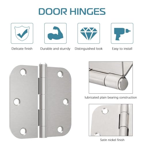 18 Pack Satin Nickel Door Hinges 3.5 inch Brushed Nickel Hinges Rounded 5/8" Radius Corners Bedroom Residential Standard Indoor Door Hardware Hinge - size: 18 Pack