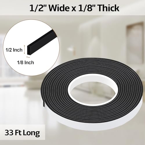 1/2 in Wide x 1/8 in Thick x 33FT Window Sealing Tape,Weather Stripping Door Seal,Foam Insulation Tape,Single-Sided Self-Adhesive Foam Strips,Black - color: Black, size: 1/2 IN x 1/8 IN x 33FT