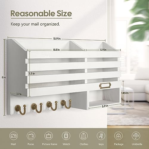 FifthQuarter Mail Holder Wall Mount with 2 Mail Slot and 4 Sturdy Hooks - color: C-White