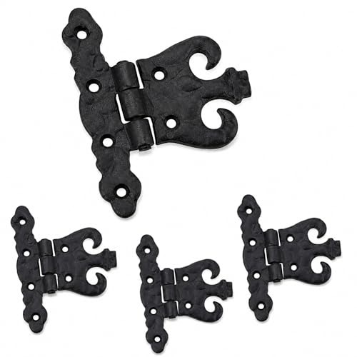 4 Pack 4.5 Inch Antique Cast Iron Vintage Heavy Duty T Hinges Black Powder Coated Wrought Iron Antique Flush Mount Hinge Barn Door Shed Hinges with Hardware for Cabinet Wardrobe Wooden Box