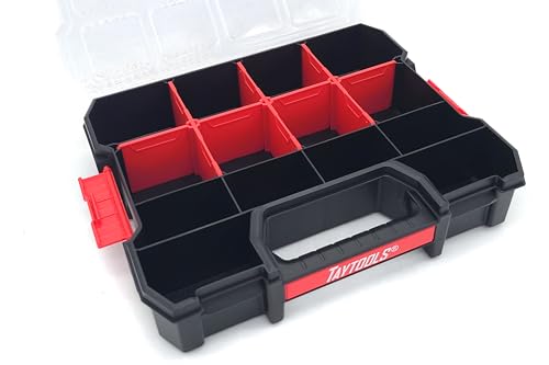 Taytools 14 Compartment Medium Parts Organizer Box - Dual Latch Portable Tool Box with Removeable Dividers for Storing Hardware, Screws, Bolts, Nails, Beads or Jewely