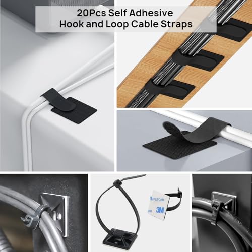 Cable Management Kit - 4 Cable Sleeve, 28 Self Adhesive Cable Clips, 29 Cord Holders, 10+2 Roll Cable Organizer Straps and 100 Fastening Cable Ties for TV Computer Under Desk (Black)