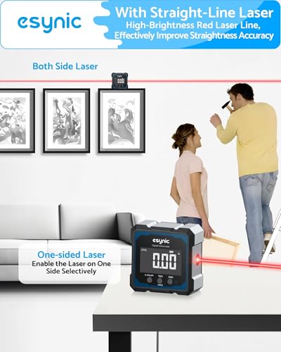 eSynic High Precision Digital Angle Finder with Laser-USB-C Rechargeable-4 Sides Magnetic Digital Angle Gauge-Rugged Aluminum Alloy Frame-for Construction (Laser Level: Class II Output: 0.51mW)