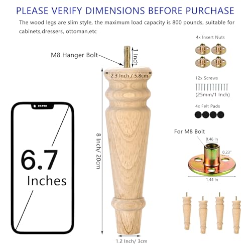 Maricome Unfinished Furniture Legs 8 inches Set of 4 Turned Wood Replacement Legs for Dresser Ottoman Chair Bench Solid Round Mid Century Screw in Pre-drilled M8 Bolt - color: 8 Inch Unfinished