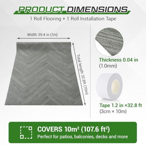 Vinyl Flooring Roll, Gray Wood Grain, 3.28' x 32.8' 107.6 sq ft