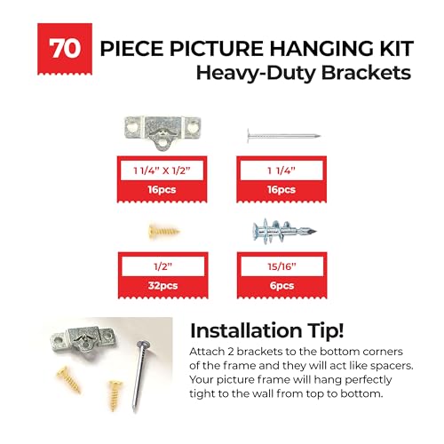 70-Piece Patented Zinc Picture Hanging Kit, Eco Pak, Hangs 8 Wooden Frames Up to 75 lbs, No Measuring Needed, Wall Picture Hangers with Tackle Box, Drywall Anchors, and Hardware - size: 8 Frames Up to 75 lbs