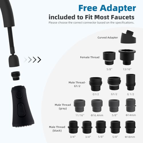 Hibbent Pull Down Kitchen Faucet Head Replacement with 15 Adapters - color: Matte Black, style: Stay on sprayer without hold button