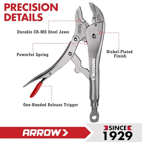 ARROW 10" Curved Jaw Locking Pliers with Screw Extractor | CR-MO Steel Pliers, Adjustable Screw, One-Hand Release, Anti-Slip Handle - size: 10 inch