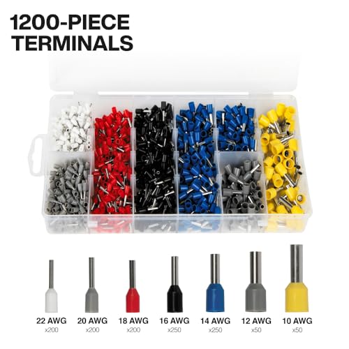 Klein Tools 34061 Ferrule Crimping Tool Set with Ratcheting Hex Crimper Pliers, 1200 Wire Terminals (10-22 AWG), and Soft Carrying Case for Electrical Applications - size: Crimper w/ Terminals