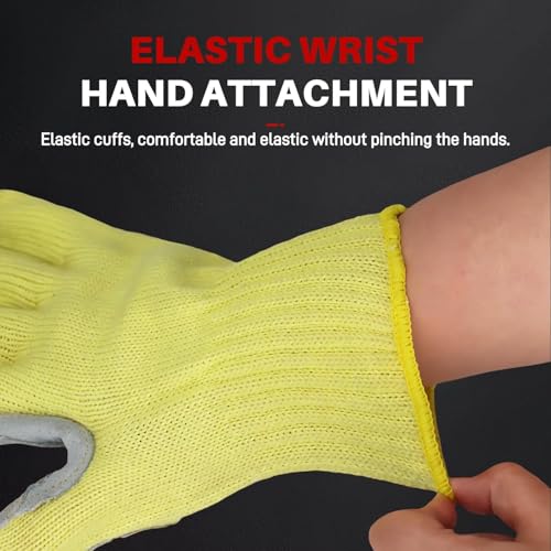 2 Pairs Work Gloves Men Medium, 7-Gauge Aramid Knit with Cowhide Leather Palm, Heavy Duty Cut Resistant Safety Gloves for Glass Handling, Metal Fabrication, Construction & Woodworking - size: 2pcs-Medium, style: Aramid Leather