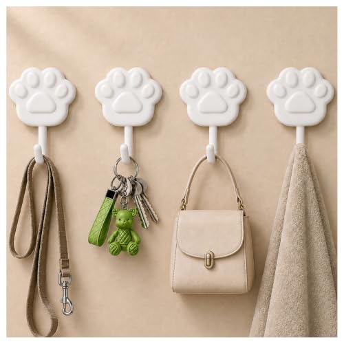 Cute Paw Self Adhesive Wall Hooks, Decorative Hooks for Walls No Damage 4lb | Small White Stick on Hooks for Keys, Dog Leashes, Towels and Bags, Ideal for Bathrooms, Kitchens, Entryways, Closets and RVs