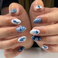 Summer Press On Nails Short Almond Blue White with Ocean Life Whale Shark - color: Style6