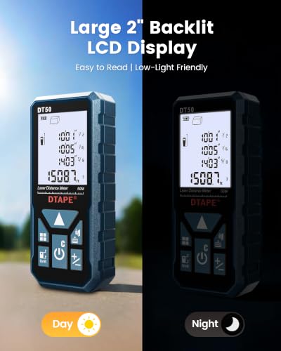 Laser Measure, DTAPE High-Accuracy Laser Measuring Tool, 2" Backlit LCD Display Laser Tape Measure, Ft/in/Ft+in/M Electronic Tape Measure, Distance/Area/Volume/Indirect Laser Range Finder