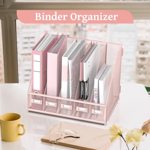 SUPEASY Desk Organizers Metal Desk Magazine File Holder with 5 Vertical Compartments Rack File Organizer for Office Desktop, Classroom, Home Workspace, Pink Plus - color: Pink, size: Large