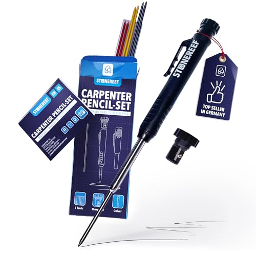 Carpenter Pencil Set with Sharpener & 7 Refills – Deep Hole Marker Mechanical Pencil for Wood, Metal & Plastic – Durable Woodworking Marking Tool