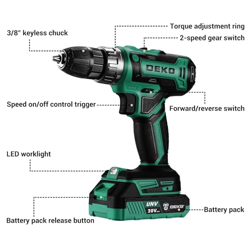 Power Drill Cordless: DEKO PRO Cordless Drill 20V Electric Power Drills Set Tool for Women with Battery and Charger 20 Volt Drills Driver Kit Green - color: Green