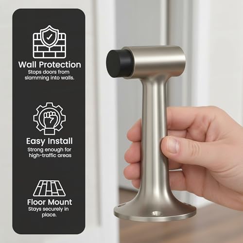 Heavy Duty 6″ Door Stopper, Solid Brass Commercial Grade, Floor Mount - Satin Nickel Finish (US15) - color: Satin Nickel