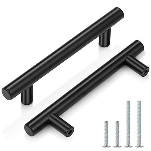 Probrico 30 Pack| 6 Inch Black Cabinet Handles with 3-3/4 Inch Hole Center Stainless Steel Cabinet Pulls Round T Bar Kitchen Cabinet Hardware Door Handles, Drawer Dresser Pulls，96mm Hole Centers - color: Black, size: hole center 3-3/4"