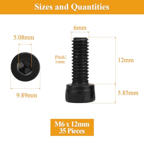 35 Pieces M6 x 12mm Socket Head Cap Screws, Thread Pitch 1.0mm, Sutemribor M6 Black Screws, 12.9 Grade Alloy Steel, Black Oxide Finish, Fully Threaded - size: M6 x 12mm, style: Socket Head