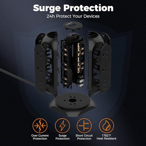 TESSAN Tower Power Strip Flat Plug with 1050J Surge Protection, 6 Ft, Black (Pack of 2) - color: Black, size: 6 Feet (Pack of 2)