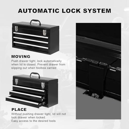 3 Drawer 20“ Metal Tool Box Portable Steel Tool Chest with Metal Latch Closure for Garage, Home and Workbench,Black - size: 20Inch-BLACK