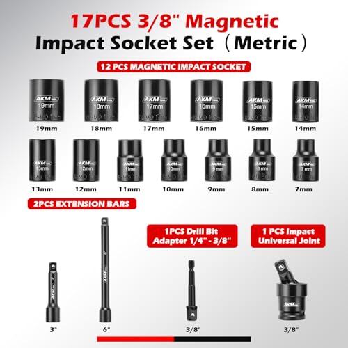 17PCS 3/8 Inch Drive Magnetic Impact Socket Set, Metric, 7mm-19mm, 6 Point, Cr-Mo, Square Drive, Magnetic Socket with Universal Joint, Drill Bit Adapter & Extension - size: 17PCS 3/8" Magnetic Socket Set