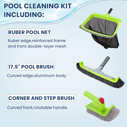 Sepetrel 3-Piece Pool Cleaning Kit (No Pole), 17.5" Aluminum Wall Brush, Leaf Skimmer Net with Rubber Edge and 90° Rotatable Scrub Brush for Above Ground Pools and Vinyl Liners - size: Rubber Edge Rake(No Pole)