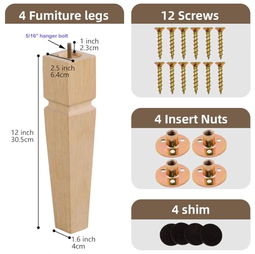 12" H*2.5" W Square Unfinished Oak Furniture Legs - Heavy Duty Mid Century Tall Wooden Legs Set of 4 for Tables, Bench, Ottomans - with Installation Hardware (Natural) - color: Plain Wood Color, size: 12"H*2.5"W