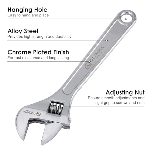 Olympia Tools 8" Adjustable Wrench, Heavy Duty Drop Forged Steel, Chrome Plated, Precision Machined Jaws, Rust Resistant - size: 8-Inch