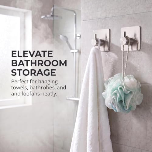 Fotosnow Adhesive Towel Hooks 15lbs Heavy Duty Wall Hooks Waterproof Stainless Steel Hanger for Hanging Coat, Hat, Towel Robe Hook Rack Wall Mount- Bathroom and Bedroom 4-Packs - color: Silver-4 Pack