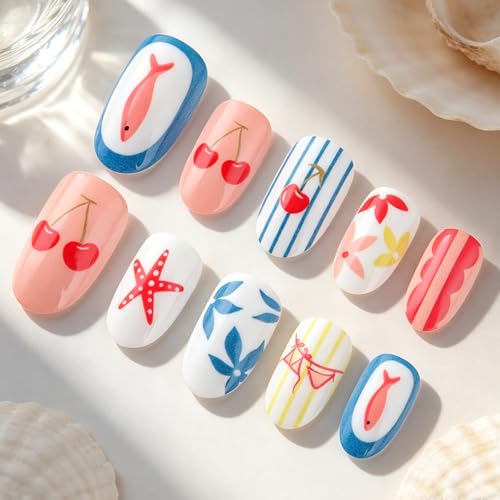 Summer Press On Nails Short Almond Colorful Starfish Fish Flower Stripes - color: Style30