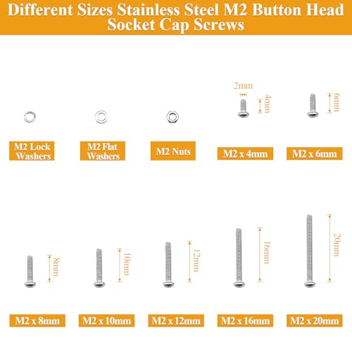 565 Pieces M2 Screws Nuts Washers Set, Sutemribor M2 x 4/6/8/10/12/16/20mm Button Head Socket Cap Screws Nuts Washers Assortment Kit, 304 Stainless Steel, Fully Threaded - size: M2, style: Button Head Socket Cap