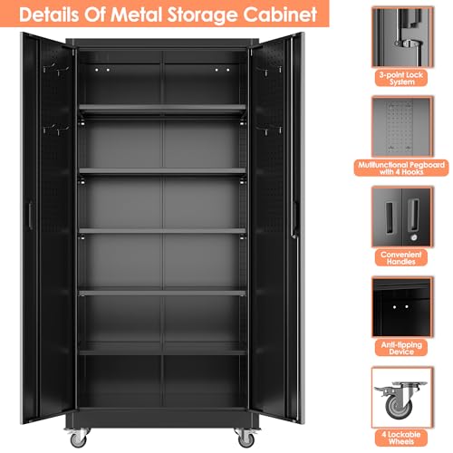 Aobabo Metal Garage Storage Cabinet with Wheels, 71" H, Black - color: Black, size: 18"D x 34"W x 71"H-0 Drawers