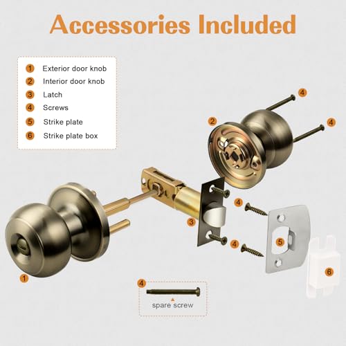 Probrico Bed/Bath Keyless Privacy Interior Door Knobs, Antique Brass Door Knobs 6 Pack - color: Antique Brass