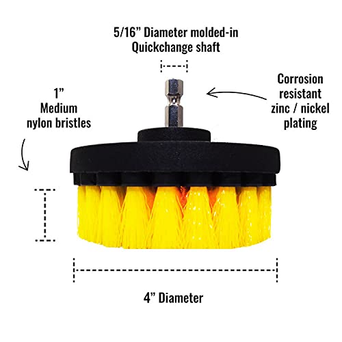 Premium Drill Brush Professional – Medium-Soft 5-Piece Kit (5/4 / 3.5/2 in Brushes + 6 in Extension) | Scratch-Free Cleaning Brush for Tile, Grout, Bath, Shower, Fibreglass, Ceramic - color: Yellow